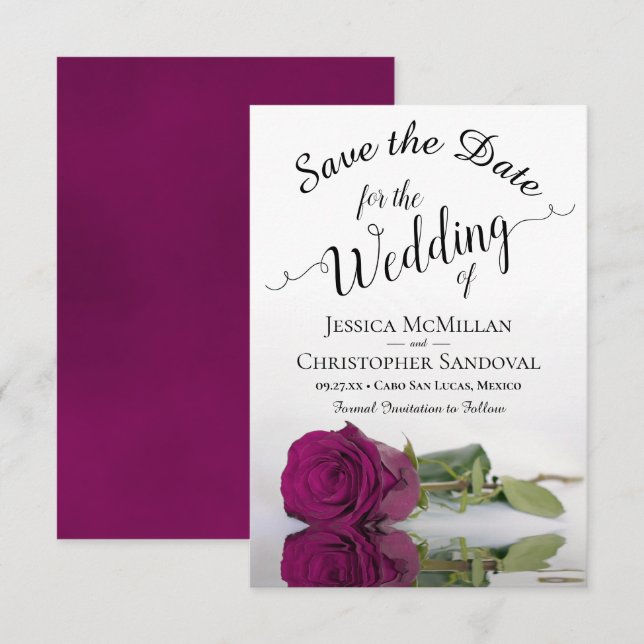 Save The Date Reflecting Cassis Purple Rose Romantic Wedding (Devant / Derrière)