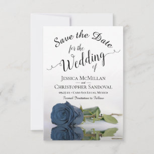 Save The Date Reflet Dusty Steel Blue Rose Mariage romantique