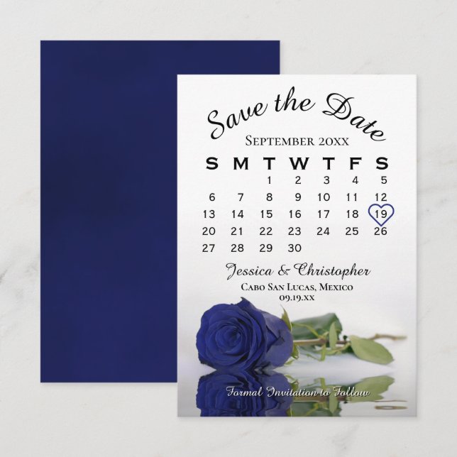 Save The Date Reflet Marine Blue Rose Élégant calendrier de mari (Devant / Derrière)