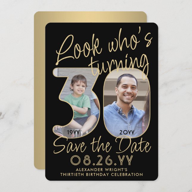 Save The Date Regardez qui est 30 Black & Gold 2 Photo fête d'an (Devant / Derrière)