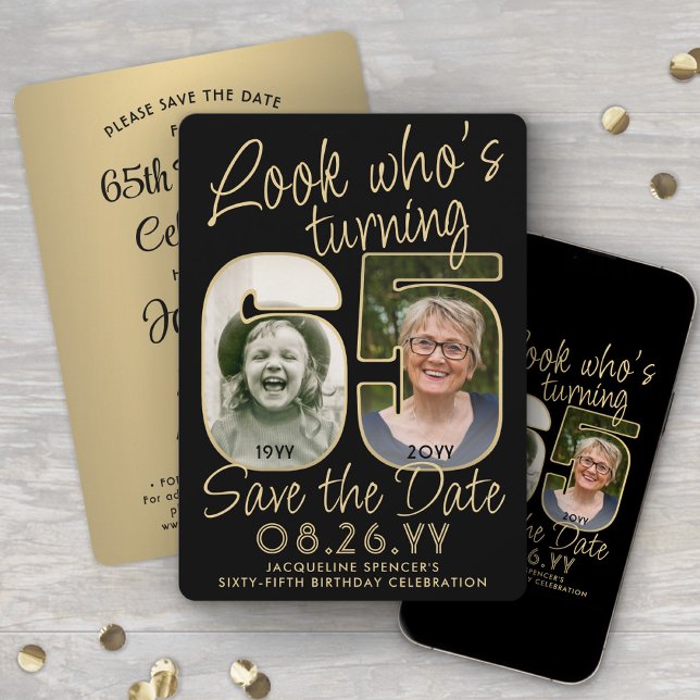Save The Date Regardez qui est 65 Black & Gold 2 Photo fête d'an (Créateur téléchargé)