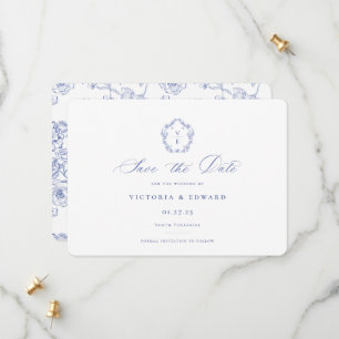 Save The Date Regency Blue Monogram Crest Mariage