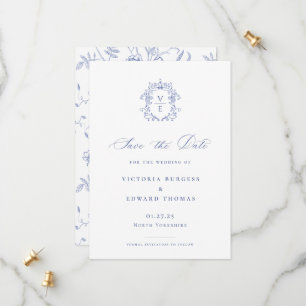 Save The Date Regency Blue Monogram Crest Mariage