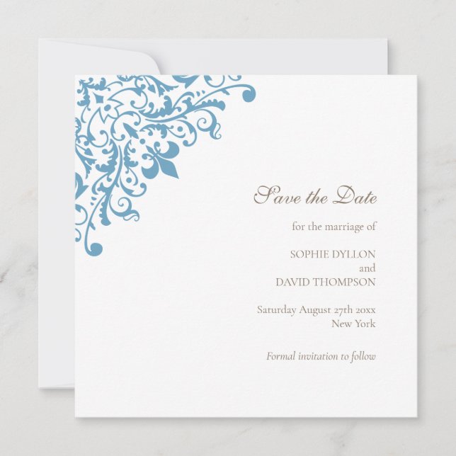 Save The Date Regency French Blue Fleur de Wedding Enregistrer L (Devant)