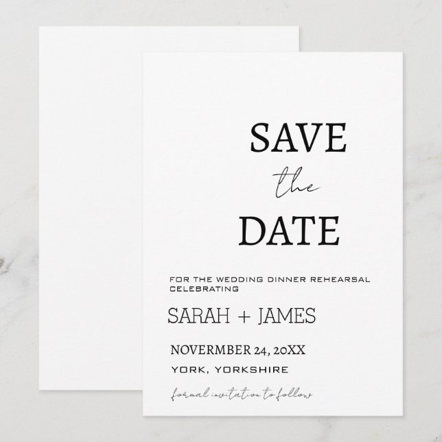 Save The Date Répétition de dîner de mariage blanc de scénario m (Devant / Derrière)