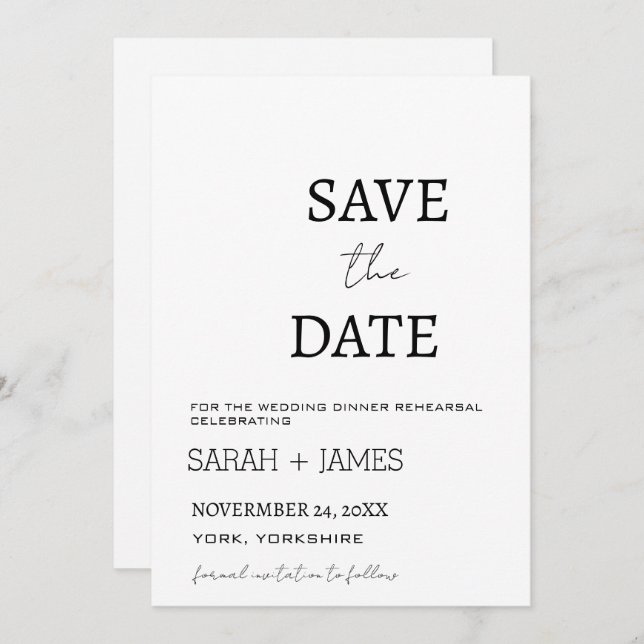 Save The Date Répétition de dîner de mariage blanc de script min (Devant / Derrière)