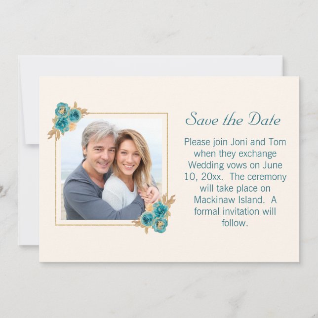 Save The Date Réponse de mariage floral sarcelle et or (Devant)