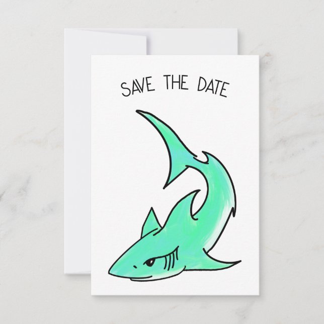 Save The Date requin souriant de dessin animé bleu vert océan an (Devant)