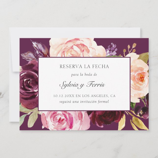 Save The Date Reserva la Fecha Purple Floral Espagnol (Devant)