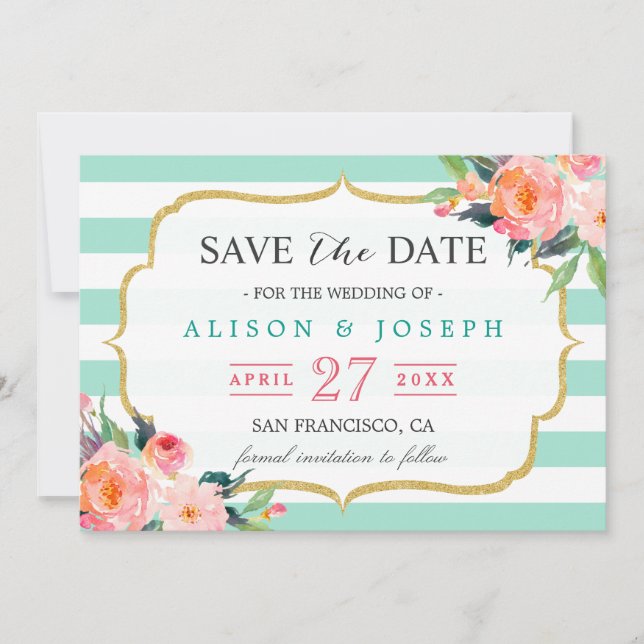 Save The Date Réservez la date | Classy Mint Green Stripes Flora (Devant)