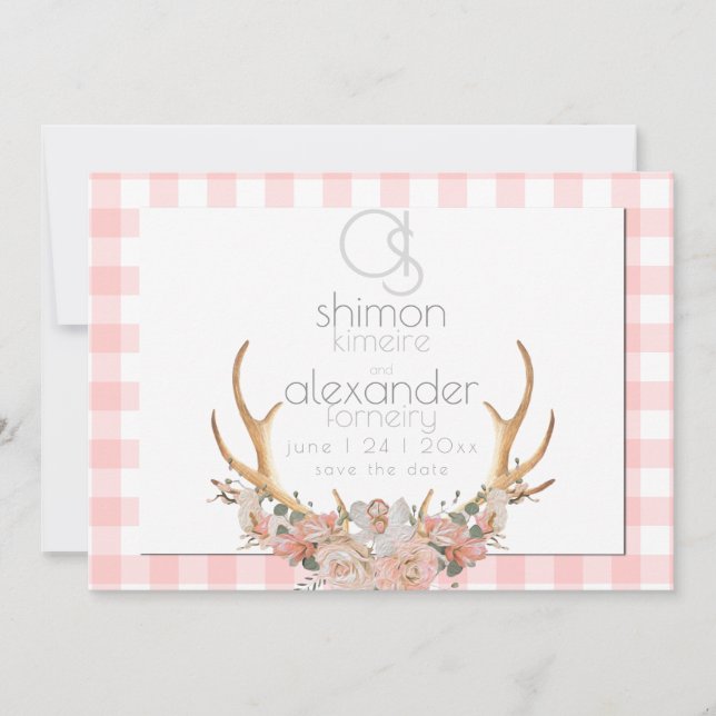 Save The Date Réservez la Date | Gingham Floral Corail Monogramm (Devant)