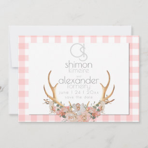 Save The Date Réservez la Date   Gingham Floral Corail Monogramm