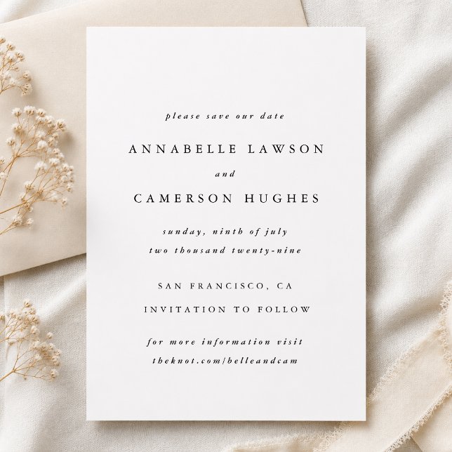 Save The Date Réservez la Date | Mariage Élégant Simple Minimali (Classic wedding announcement cards with timeless serif styling and your custom event details)