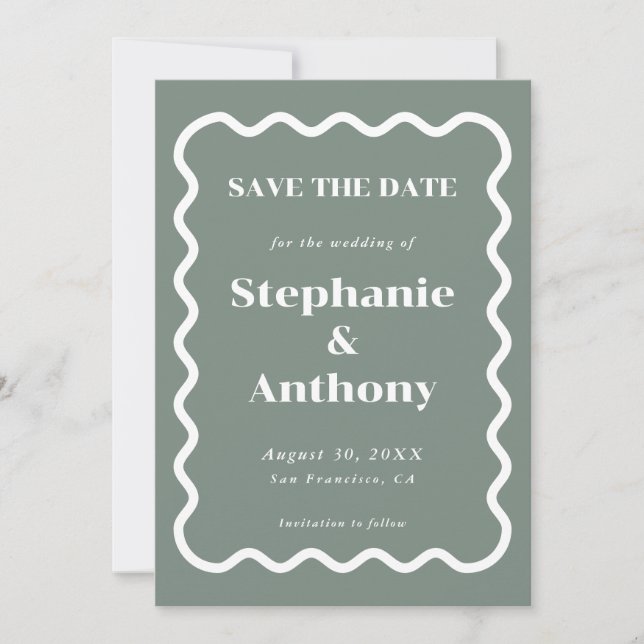 Save The Date Retro 1950 Wavy Edge Sage Green Mariage (Devant)