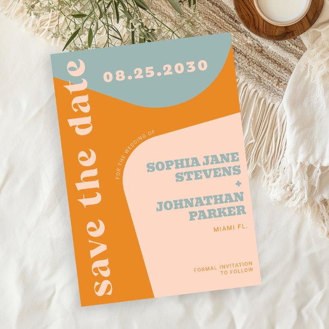 Save The Date Retro 70s dusty blue orange pink wedding (Créateur téléchargé)
