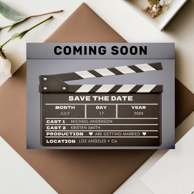 Save The Date Retro Bientôt Bientôt Movie Film Clap Board Mariag (Retro Coming Soon Movie Film Clap Board Wedding Save The Date)