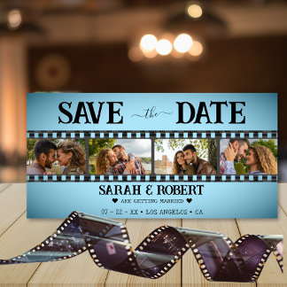 Save The Date Retro Blue Vignette Photo Collage Film Strip