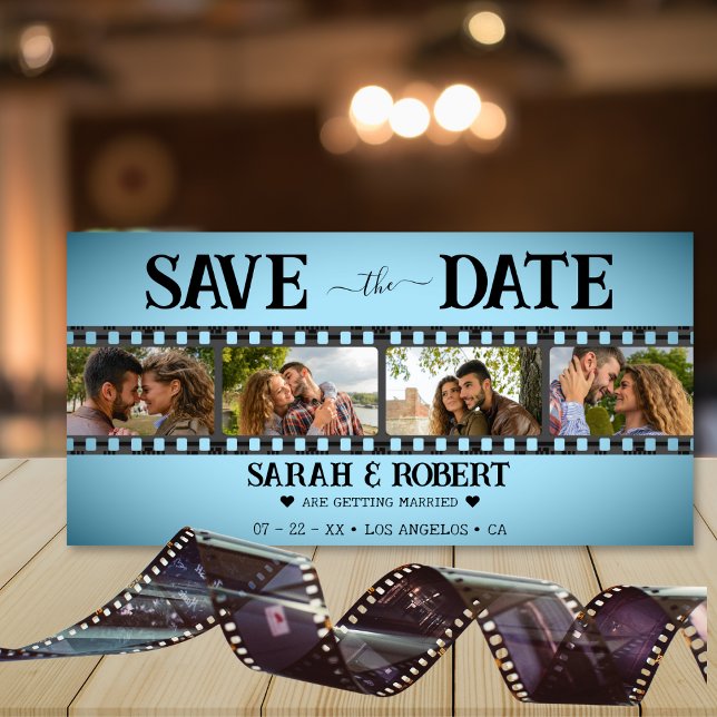 Save The Date Retro Blue Vignette Photo Collage Film Strip (Blue Retro Vignette Photo Collage Film Strip Save The Date)