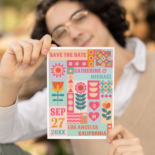 Save The Date Retro Boho Floral Bold & Bright QR Code Mariage (Créateur téléchargé)