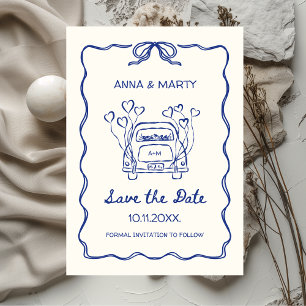 Save The Date Rétro Dessin à la main Bleu Unique Nœud Voiture de