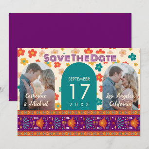 Save The Date Retro Floral Personnalisé Deux Arc Photo Magenta