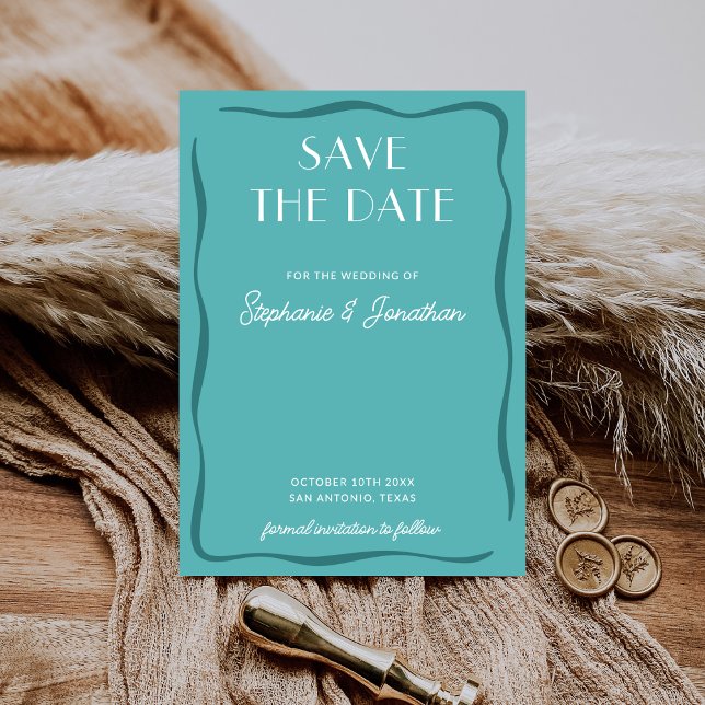 Save The Date Retro Gras Moderne Milieu de Siècle Bleu Turquoise (Créateur téléchargé)