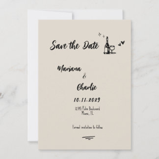Save The Date Retro Grey Hand Drawn Illustrated Wedding 