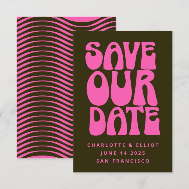 Save The Date Rétro Groovy 70s Rose Chaud et Vert Foncé Sauvez L (Devant / Derrière)