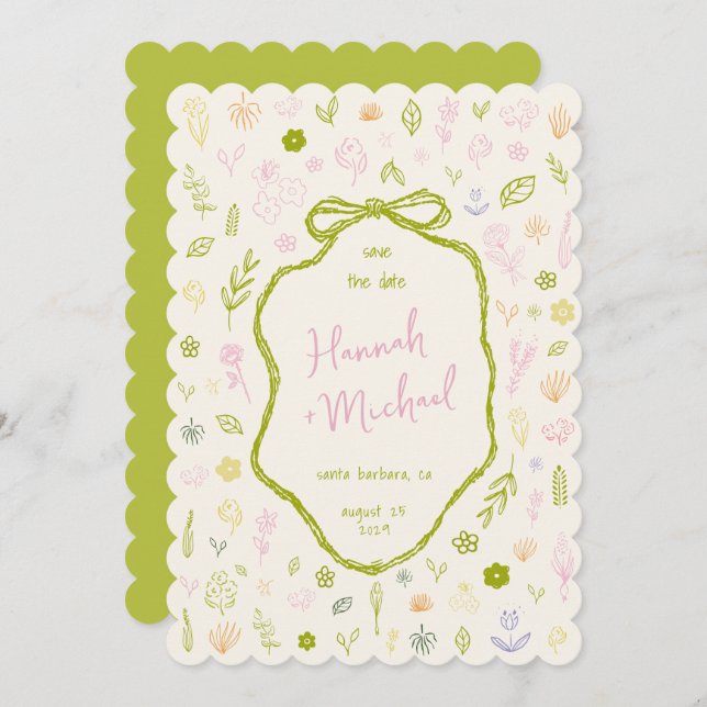 Save The Date Retro Hand Written Drawn Flowers Spring Wedding (Devant / Derrière)