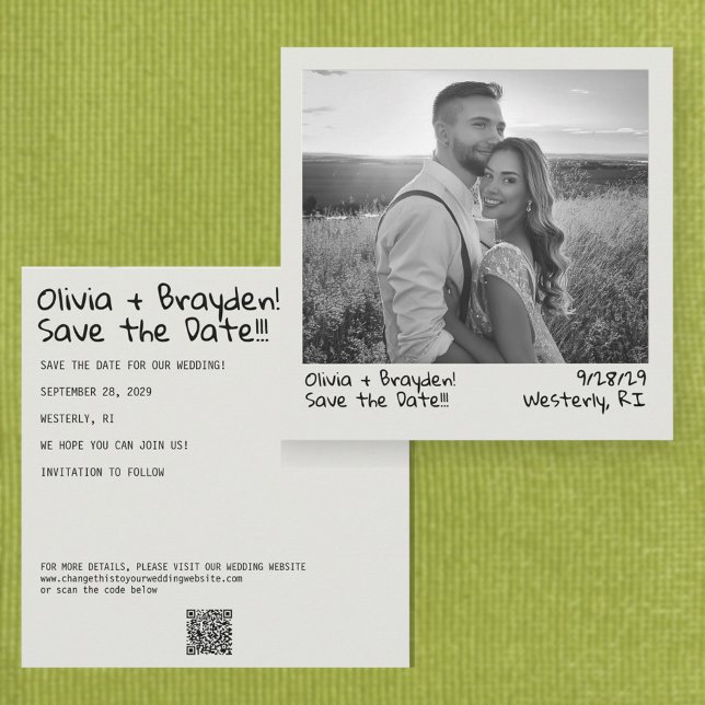 Save The Date Retro Instant Camera B&W Photo QR Code (Square retro instant camera style wedding save the date with your photo in black and white)