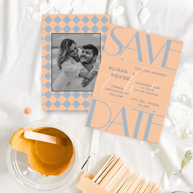 Save The Date Rétro minima À damiers Motif Mariage de pêche (Créateur téléchargé)