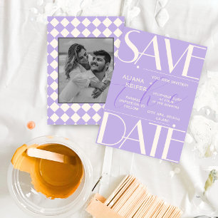 Save The Date Rétro minima À damiers Motif violet Mariage