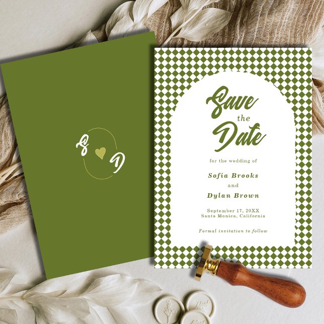 Save The Date Retro Minimalist Olive green Arch Checker Wedding (Créateur téléchargé)