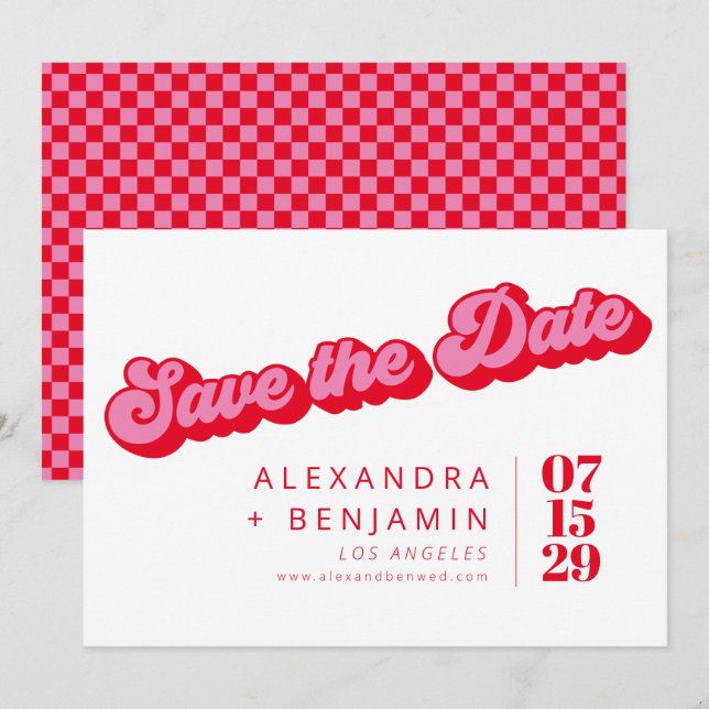 Save The Date Rétro Mod Groovy Rose Rouge Clair Damier Gras (Devant / Derrière)
