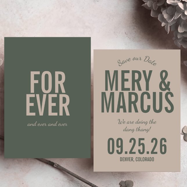 Save The Date Retro Moderne Gras Vert & Beige Écriture Mariage  (Créateur téléchargé)