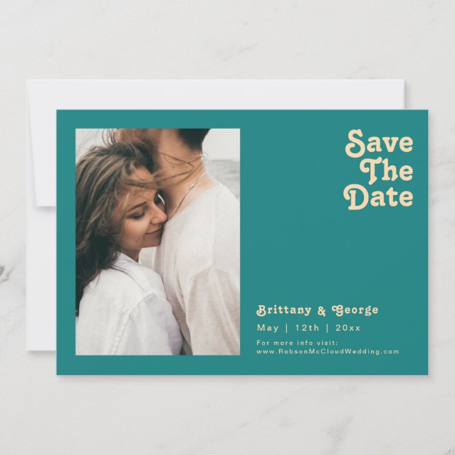 Save The Date Rétro moderne | Photo Turquoise Horizontale Enregi (Devant)