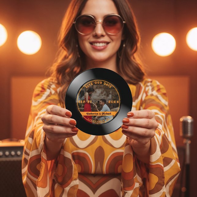 Save The Date Retro Music Vinyl Record Photo Mariage Round (Créateur téléchargé)