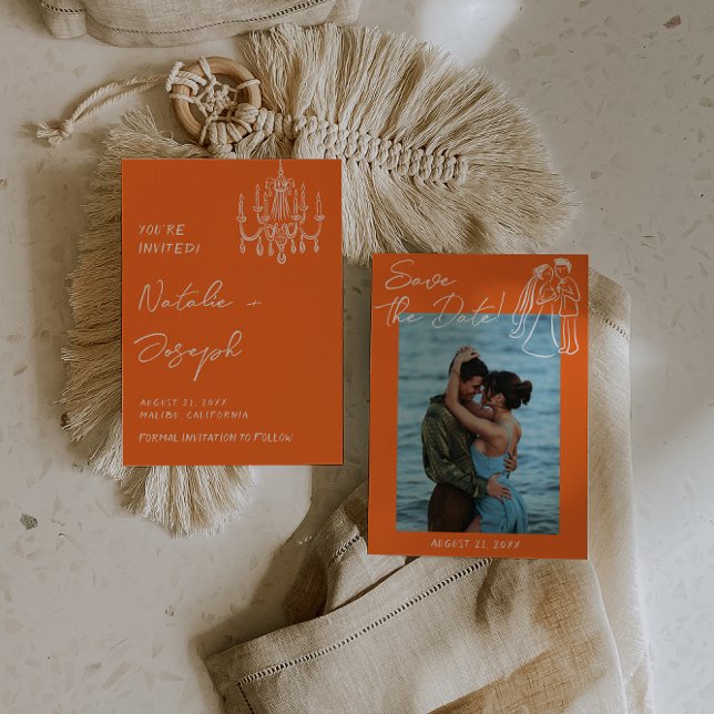 Save The Date Retro Orange Hand Drawn Summer Wedding Photo (Créateur téléchargé)