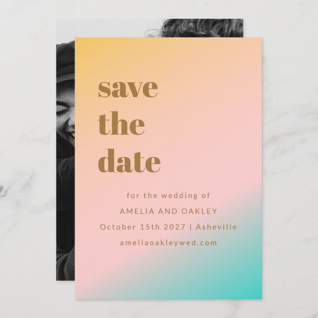 Save The Date Retro Pastels Gradient Simple Unique Photo Mariage (Devant / Derrière)