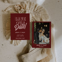 Retro Pink Deep Red Modern Unique Photo Wedding