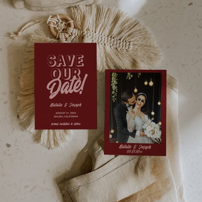 Save The Date Retro Pink Deep Red Modern Unique Photo Wedding (Créateur téléchargé)