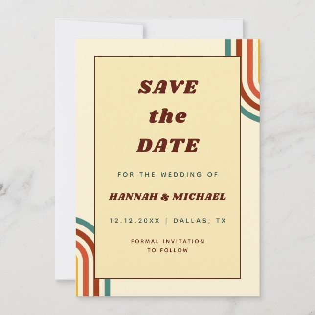 Save The Date Retro Rainbow Stripes Seventies 1970 Jaune (Devant)