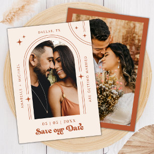 Save The Date Retro Script Boho Arch Photo Terracotta Mariage