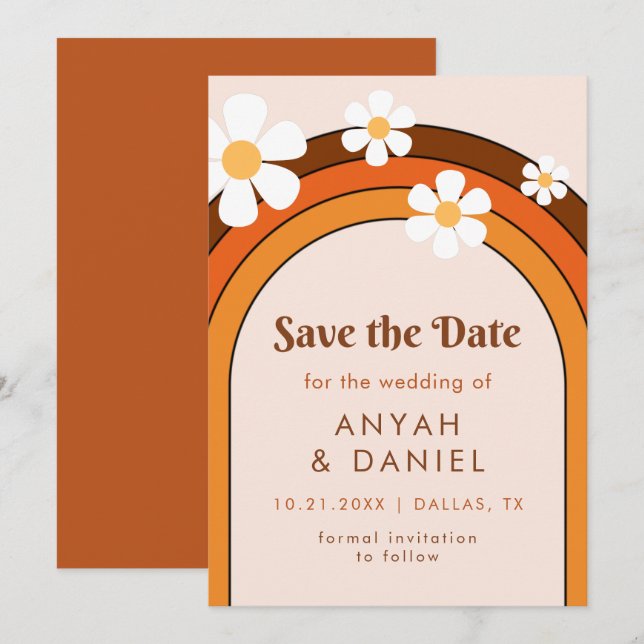 Save The Date Retro Seventies Rainbow & Daisy Hippie Super (Devant / Derrière)