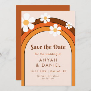 Save The Date Retro Seventies Rainbow & Daisy Hippie Super