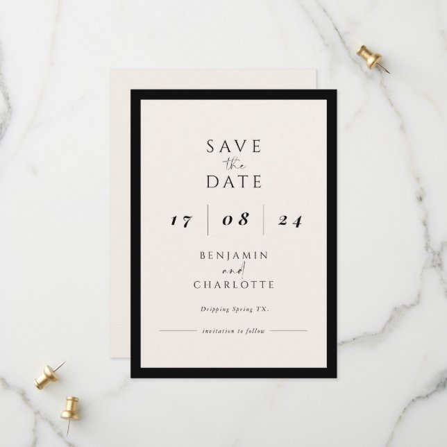Save The Date Retro Simple Noir & Blanc Mariage enregistrer la d (Devant/Arrière en situation)
