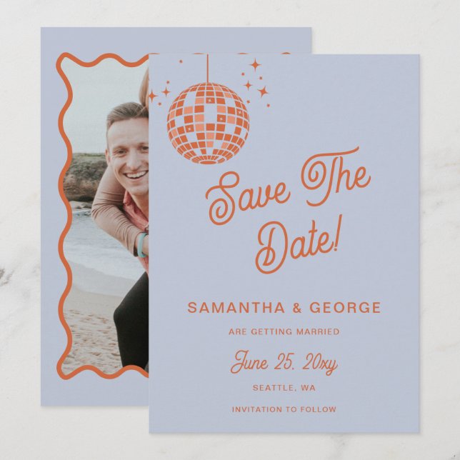 Save The Date Retro Super les années 70 bleu ivoire Orange Disco (Devant / Derrière)