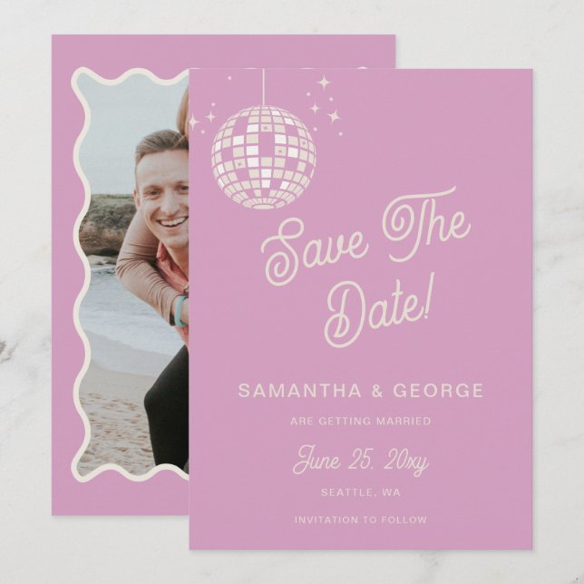Save The Date Retro Super les années 70 ivoire rose disco Photo (Devant / Derrière)
