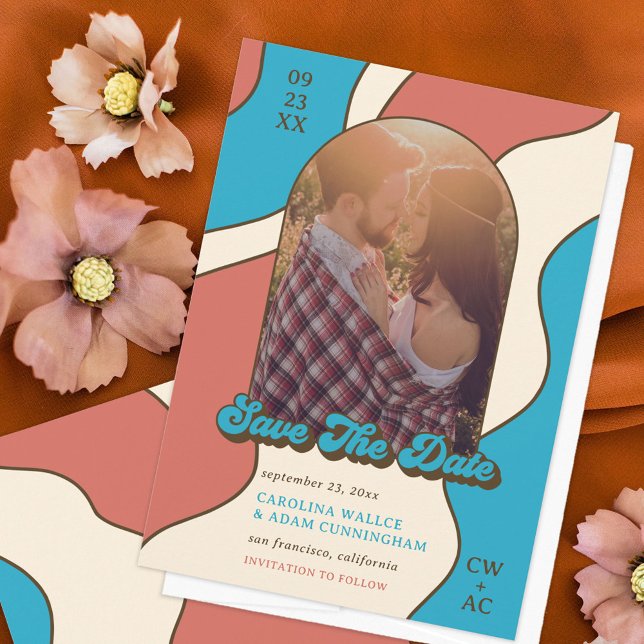 Save The Date Retro Terracotta et Sky Blue les années 70 Graphis (Créateur téléchargé)