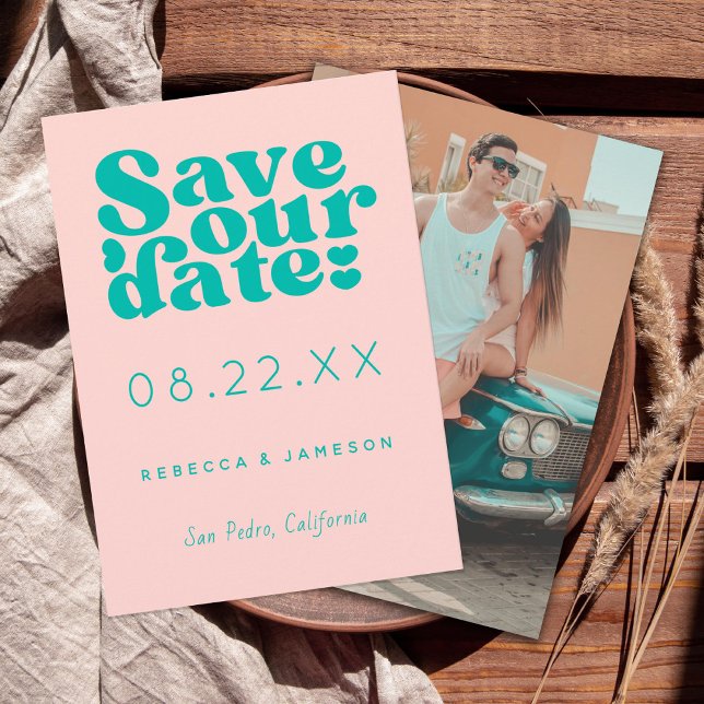 Save The Date Retro Union rose et Mariage Turquoise (Créateur téléchargé)